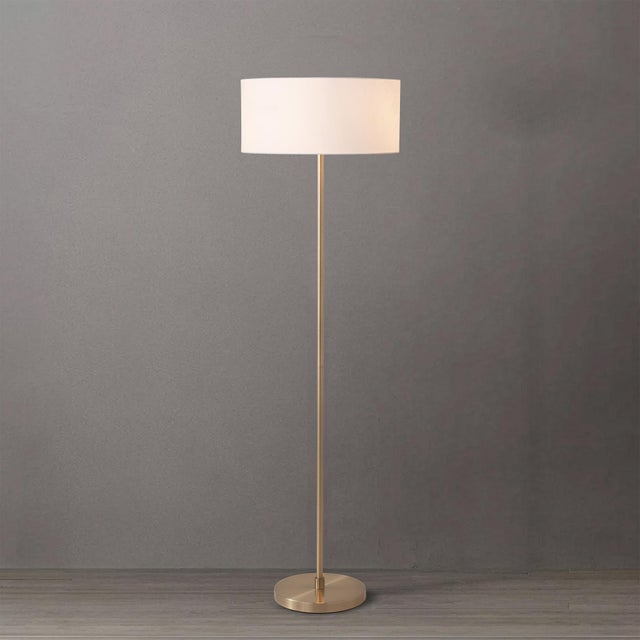 Nova Nova of California Slimline Floor Lamp With White Linen Drum Shade - Weathered Brass Pole With Black Marble Base - 18 Inch Drum, 61 Inch Tall For Sale - Image 4 of 6
