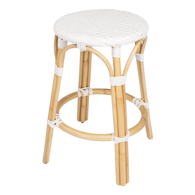 Tobias 24 in. Seat Height Round Rattan Backless Counter Stool, Glossy White/ Natural Rattan Frame For Sale