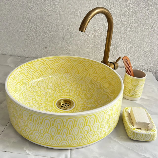 Moroccan Ceramic Yellow Sink for Bathroom, Vessel Sink with Brass Drain - 3 Piece Set For Sale - Image 4 of 8