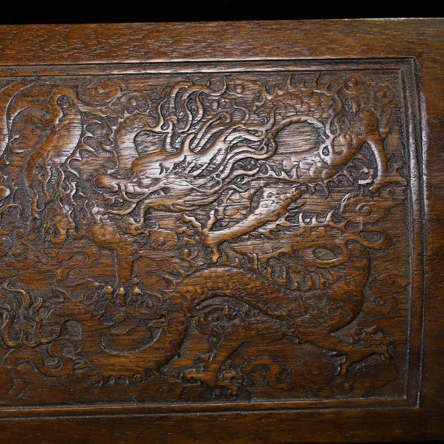 Large Hand-Carved Wooden Treasure Chest With Brass Hardware & Dragon Motif For Sale - Image 4 of 9
