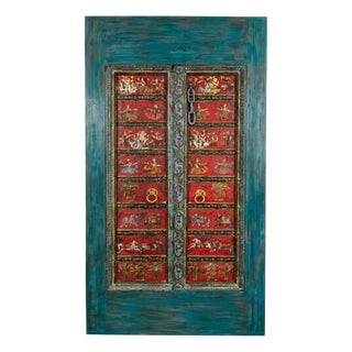 Hand-Carved Ganesha Temple Barn Door in Antique Blue Paint Barn Door 88x42 For Sale