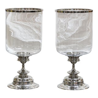 Mid 20th Century Large Glass and Silver Candle Hurricanes - Set of 2 For Sale
