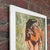 This oil painting features an abstract view of the back of a woman’s head, her dark hair pulled up and wearing a black...