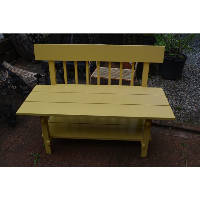 1990s Maine Cottage Yellow Writing Desk With Slide Out Surface / Drawer & Deep Slatted Bench Set of 2 For Sale - Image 6 of 12