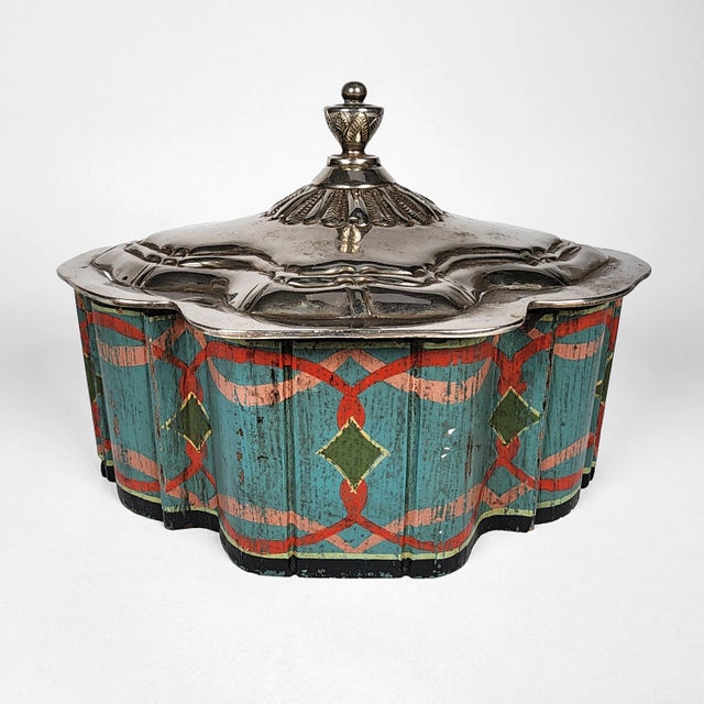 Moroccan Antique Moroccan Folk Art Polychrome Lidded Tea Caddy Storage Box Hand Tooled For Sale - Image 3 of 15