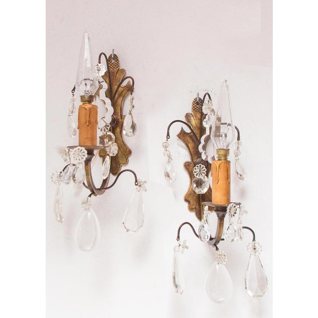 Antique French Brass and Crystal Wall Sconces, 1930s, Set of 2 For Sale - Image 11 of 11
