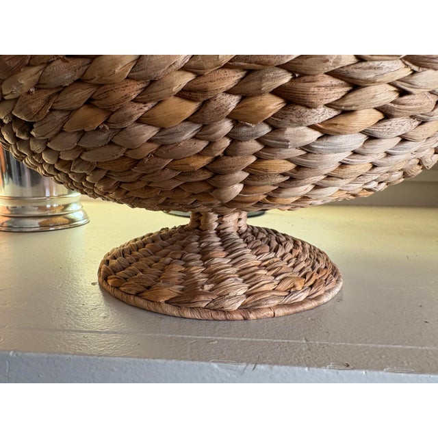 Brown Vintage Woven Natural Fiber Pedestal Bowl Basket For Sale - Image 8 of 11