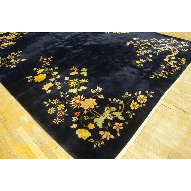 1920s 1920s Navy Blue Floral Tree Antique Chinese Art Deco Carpet 8' 10'' X 11' 7'' Knotted Wool Rug For Sale - Image 5 of 9