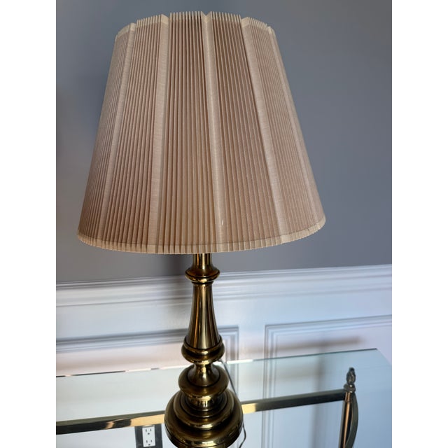 Stiffel Vintage Stiffel Hollywood Regency Solid Brass Table Lamps w/ Shade – a Pair For Sale - Image 4 of 12