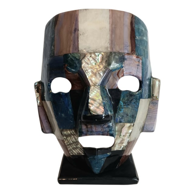 Mexican Mosiac Mask With Abalone Mayan Aztec Death Burial Mask Approximately 7" x 6.5" x 3.5" Weighs approximately 1 lb 8...