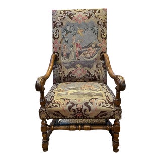 19th Century French Needlepoint Carved Walnut Throne Chair For Sale