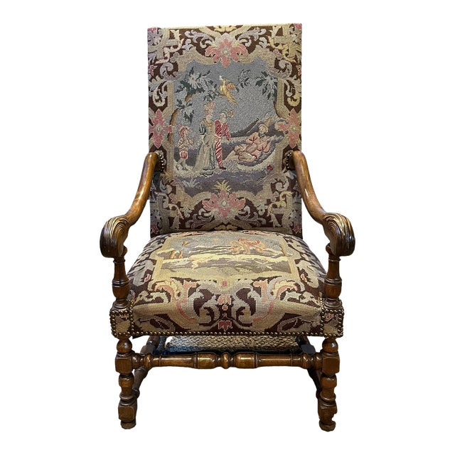 19th Century French Needlepoint Carved Walnut Throne Chair For Sale