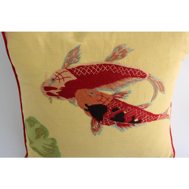 Vibrant Pair of Koi Fish Hand Embroidered Pillow Covers 21" Square, Good Fortune For Sale - Image 9 of 10
