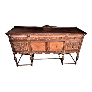 Antique Spanish Revival Large 72" Carved Oak, Mahogany and Burled Walnut Buffet Sideboard For Sale