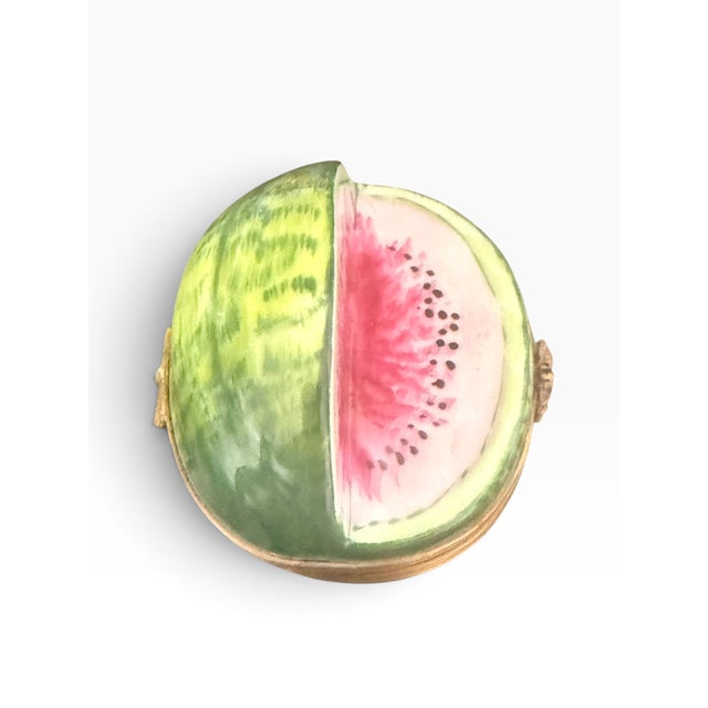 French Late 20th Century Hand-Painted Limoges France Watermelon Porcelain Trinket Box With Bee Clasp For Sale - Image 3 of 8