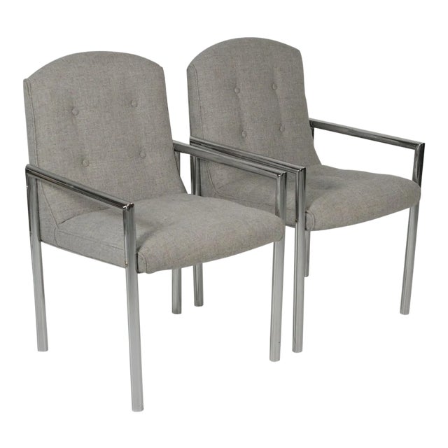 1970s Mid-Century Modern Grey Linen Chrome Tube Armchairs - a Pair For Sale