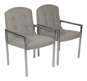 1970s Mid-Century Modern Grey Linen Chrome Tube Armchairs - a Pair