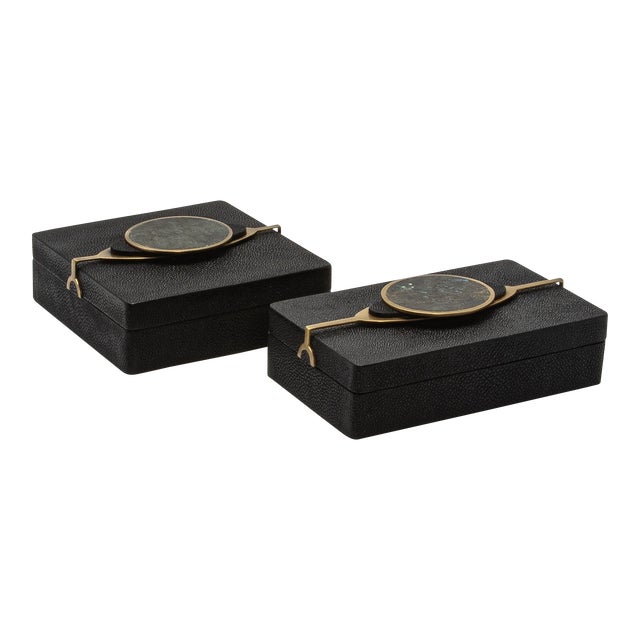 Set of 2 Boxes in Shagreen With Semi-Precious Stone and Brass by Kifu Paris For Sale
