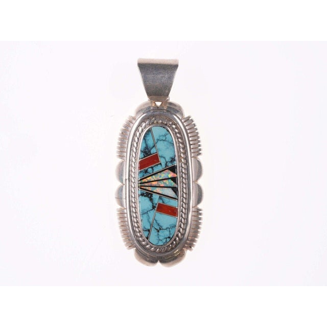 Large Native American Sterling Multi-stone channel inlay pendant 2 5/8" with bail x 1 1/8" x 34 grams. All precious metals...