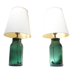 Pair of Vintage Green Blown Glass and Brass Table Lamps