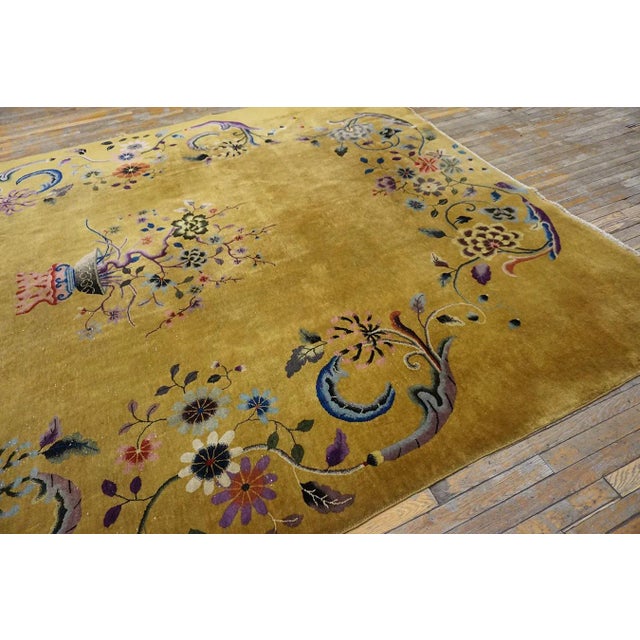 1920s Yellow Saffron Floral Vase Antique Chinese Art Deco Carpet 8'8" X 11'4" Knotted Wool Rug For Sale In New York - Image 6 of 13