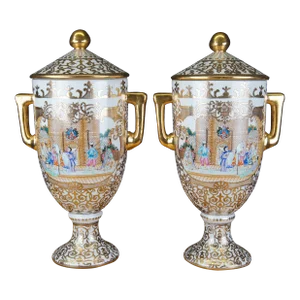 Vintage Late 20th Century Chinese Painted Porcelain Polychrome Lidded Trophy Urns Medieval Scene - a Pair