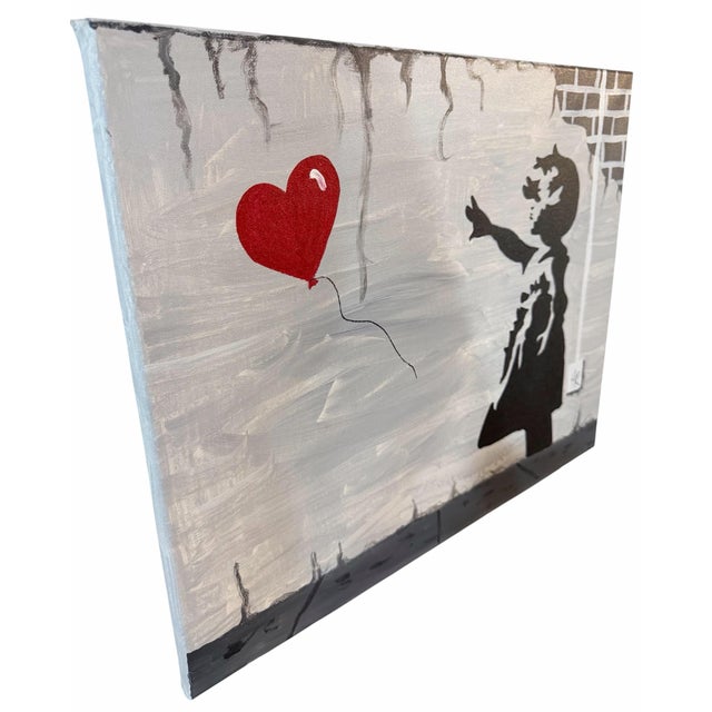 Street Art Street Art Banksy Inspired Street-Art Style Canvas – Girl Reaching for Red Heart Balloon - Signed a.r. For Sale - Image 3 of 4