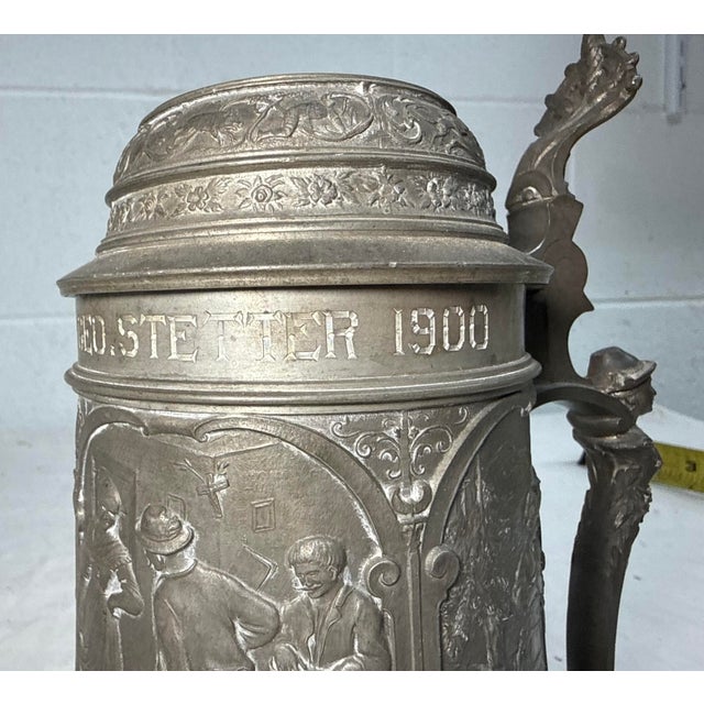 Antique Ornate 1900 Figural German Pewter Lidded Engraved Relief Beer Stein Mug For Sale - Image 4 of 15