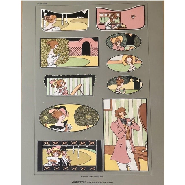 Authentic c. 1900 French Art Nouveau color lithograph/pochoir plate titled Vignettes by artist Alphonse Waldraff,...