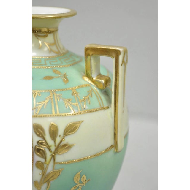 Antique Nippon Porcelain Hand Painted Windmill Scene Green Small Bolted Vase (B) For Sale - Image 11 of 15