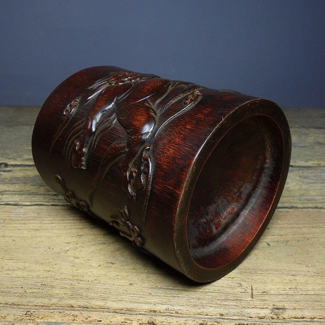 Chinese Vintage Chinese Bamboo Carved "Kui Xing" Brush Pot - 610g For Sale - Image 3 of 9