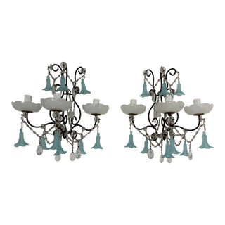 C 1930 Aqua Blue Murano Bell Flowers Crystal Prisms Sconces One of a Kind For Sale