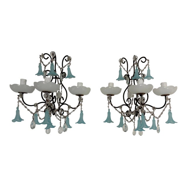 C 1930 Aqua Blue Murano Bell Flowers Crystal Prisms Sconces One of a Kind For Sale