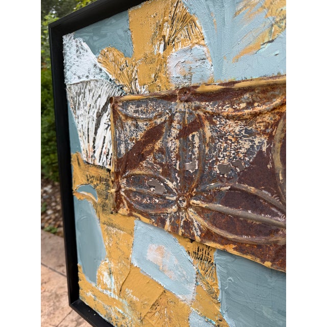 Mid-Century Modern Mid-Century Modern Style Mixed-Media Abstract Painting With Painted Tin Ceiling Tile Component – Framed For Sale - Image 3 of 4