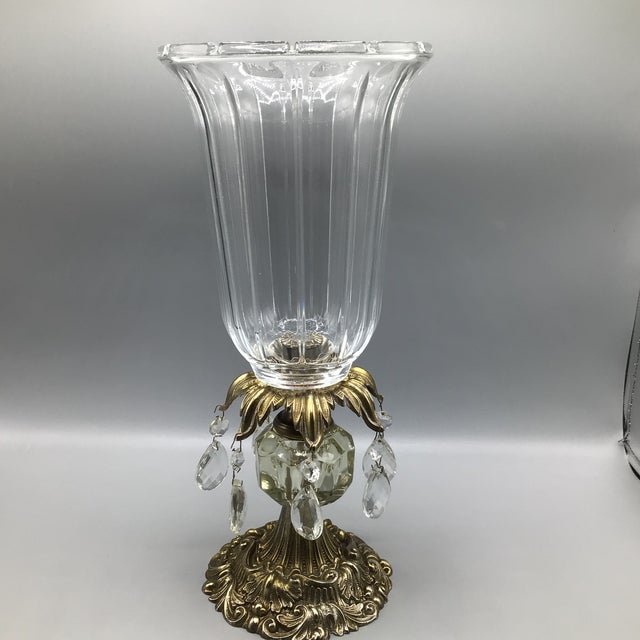1970s Hurricane Candle Holder Brass Base and Crystal Bowl With Hanging Crystals For Sale - Image 5 of 12