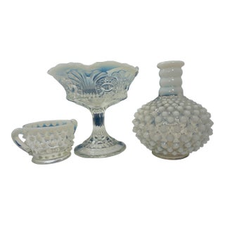 Vintage Fenton Opalescent Hobnail & Ruffled Pedestal Glass Vignette - Set of 3 For Sale