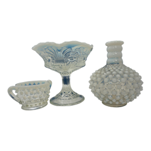 Vintage Fenton Opalescent Hobnail & Ruffled Pedestal Glass Vignette - Set of 3