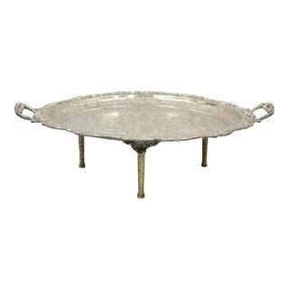 Mid 20th Century Large Victorian Style Oval Silver Plated Serving Platter Tray Raised on Feet For Sale