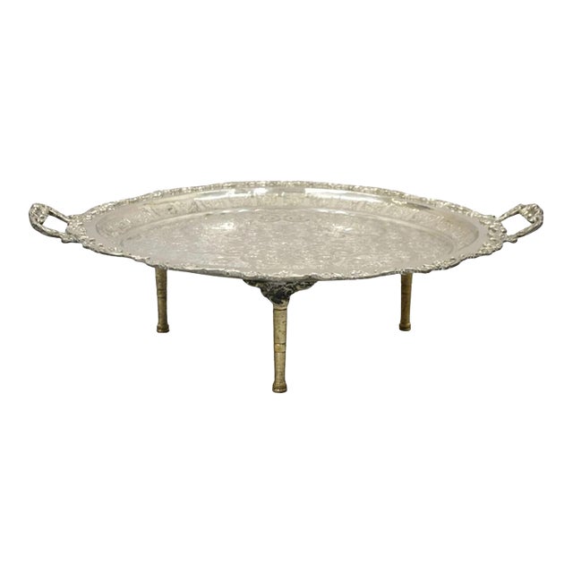 Mid 20th Century Large Victorian Style Oval Silver Plated Serving Platter Tray Raised on Feet For Sale
