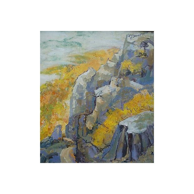 Large midcentury plein air landscape featuring a vibrant Fall season foliage mountain landscape with rocky cliffs, and a...