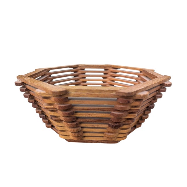 A Vintage Folk Art / Tramp Art Style Catchall Bowl made entirely of Popsicle Sticks in two different shades of brown...