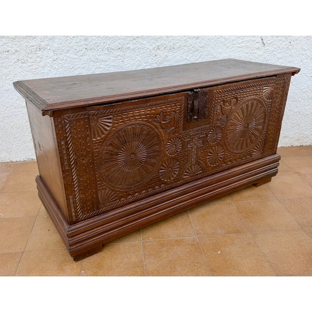 Rustic Spanish Carved Wooden Chest with Geometric and Floral Motifs, 1840 For Sale - Image 3 of 13
