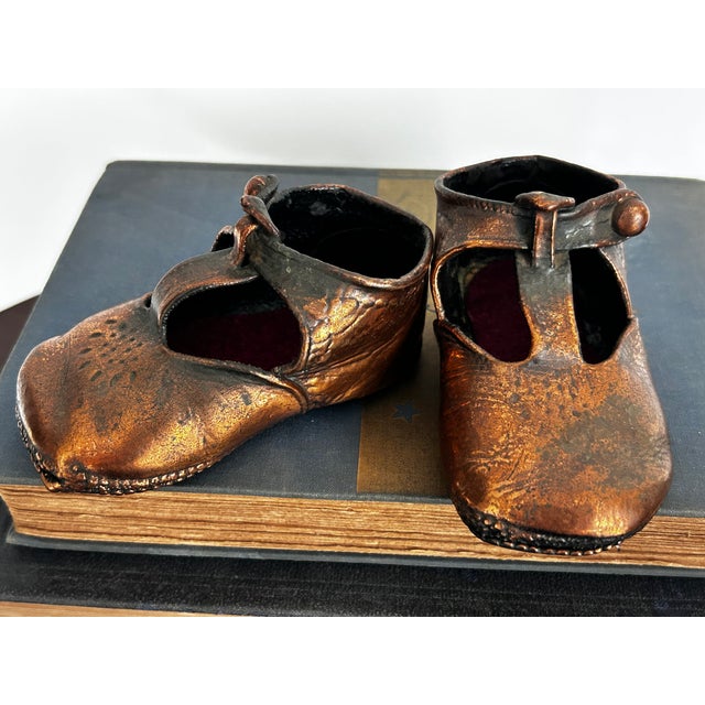 Vintage Pair Mid Century Modern Copper Plated Baby Shoes Nursery Decor For Sale - Image 11 of 14