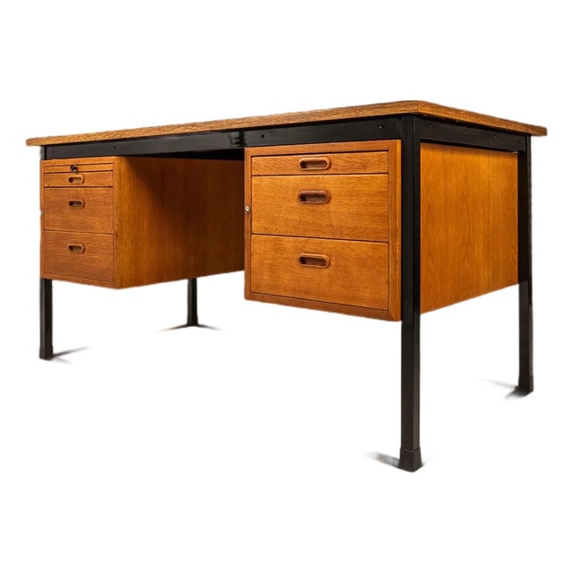 Mid-Century Modern Executive Desk in Oak & Steel W/ Leather Top Attributed to Herbert Hirche for Holzäpfel, Germany, C. 1960s For Sale