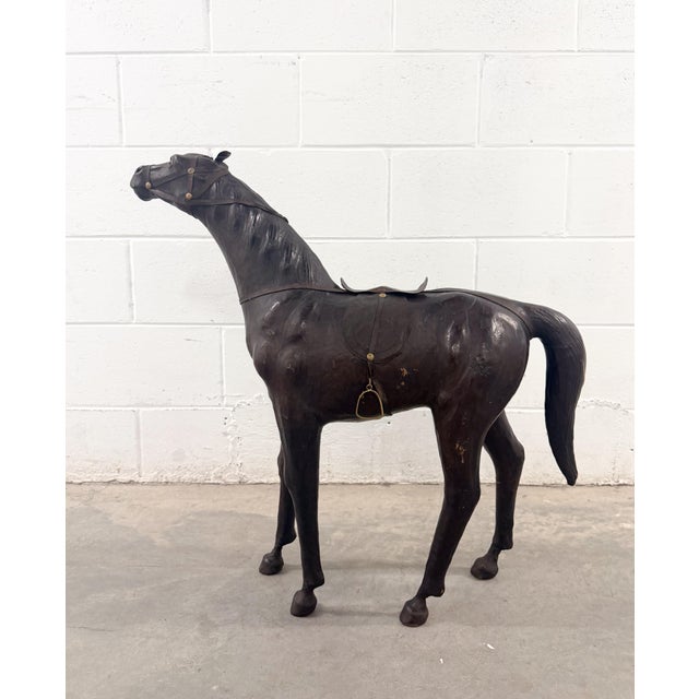 Metal Rare 30” W Vintage Equestrian Leather Horse W/Saddle Statue For Sale - Image 7 of 13