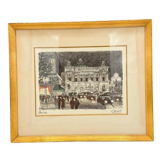 Mid-Century Framed Paris Opera Night Scene Print, Café De La Paix, 1960s For Sale