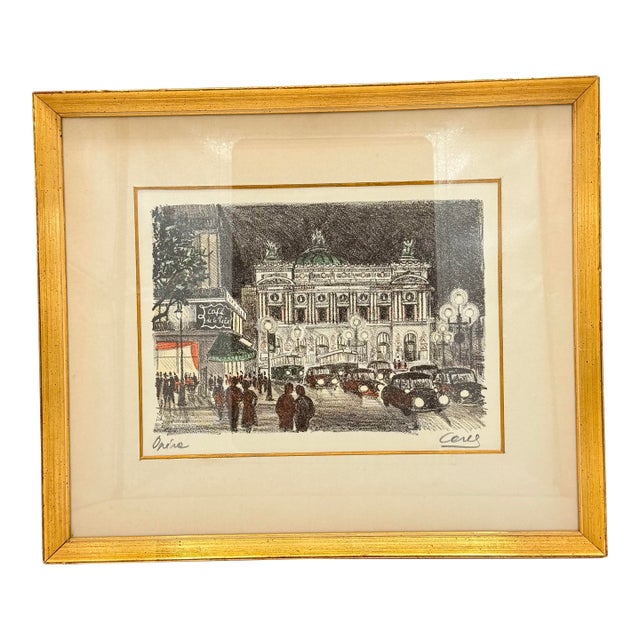 Mid-Century Framed Paris Opera Night Scene Print, Café De La Paix, 1960s For Sale