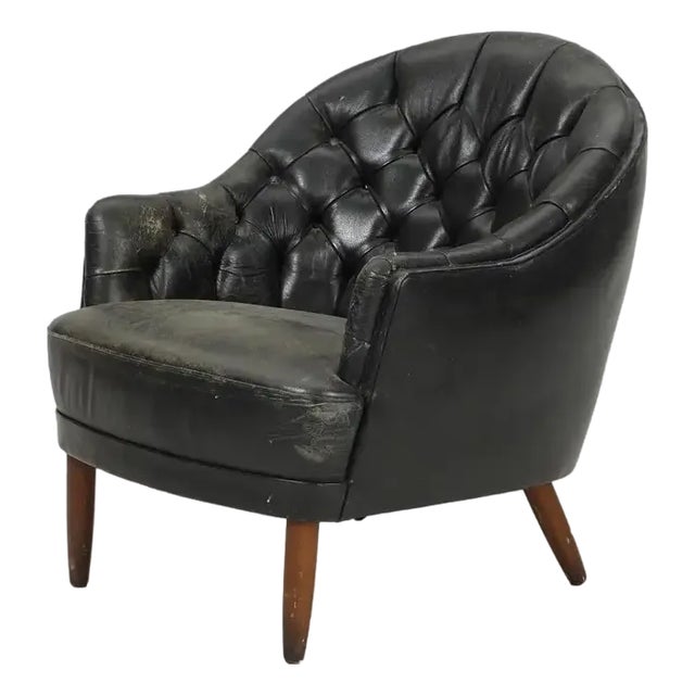 Georg Kofoed Attributed Danish 1940s Lounge Chair in Tufted Dark Gray Leather For Sale