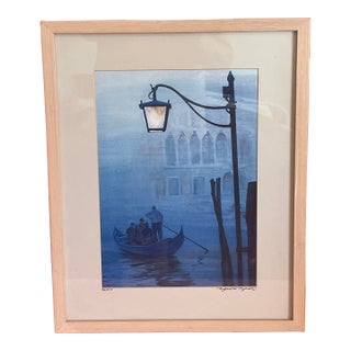 Lu Zuogeng Signed Original Watercolor Painting – Foggy Night in Venice, Custom Framed For Sale