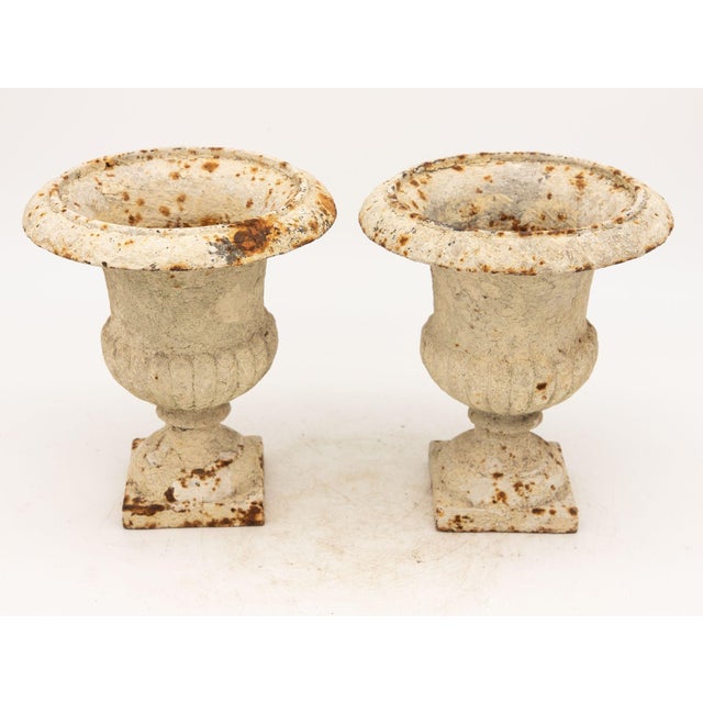 Metal Pair of White Cast Iron Urns, French Early 20th Century For Sale - Image 7 of 9